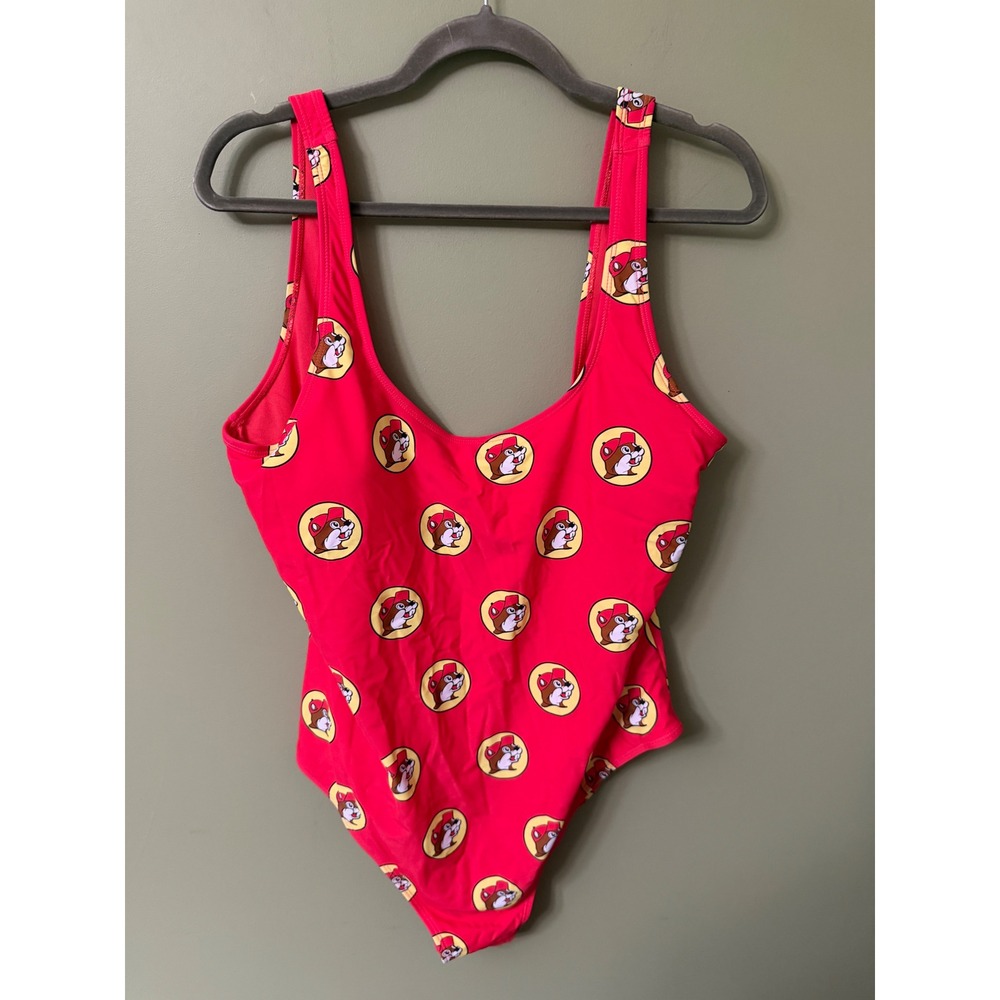 Buc-ee's Women Red Logo Print One Piece Swimsuit Size 2X Beaver Scoop Back